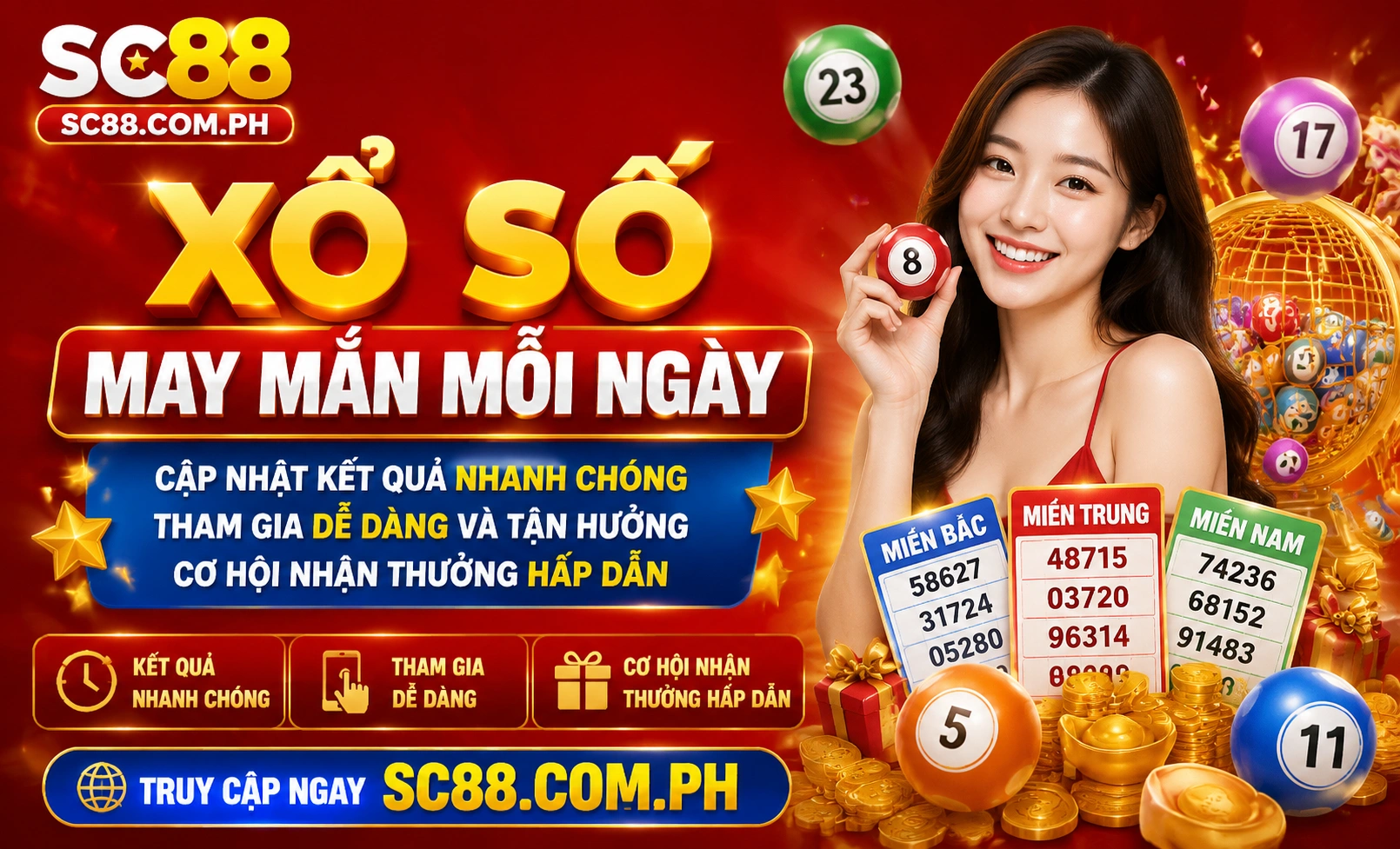 Màn hình xổ số SC88 trên điện thoại với số trúng và trạng thái mới